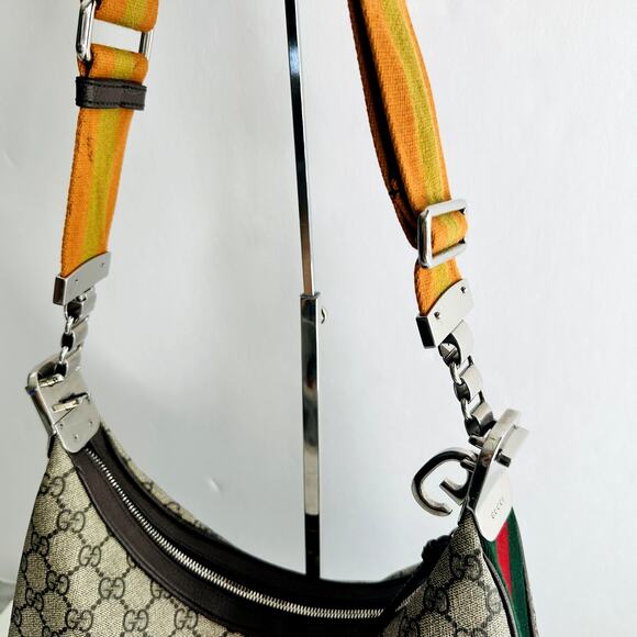 Gucci GG Supreme Monogram Textured Calfskin Web Large Shoulder Bag Beige Ebony - Picture 9 of 16